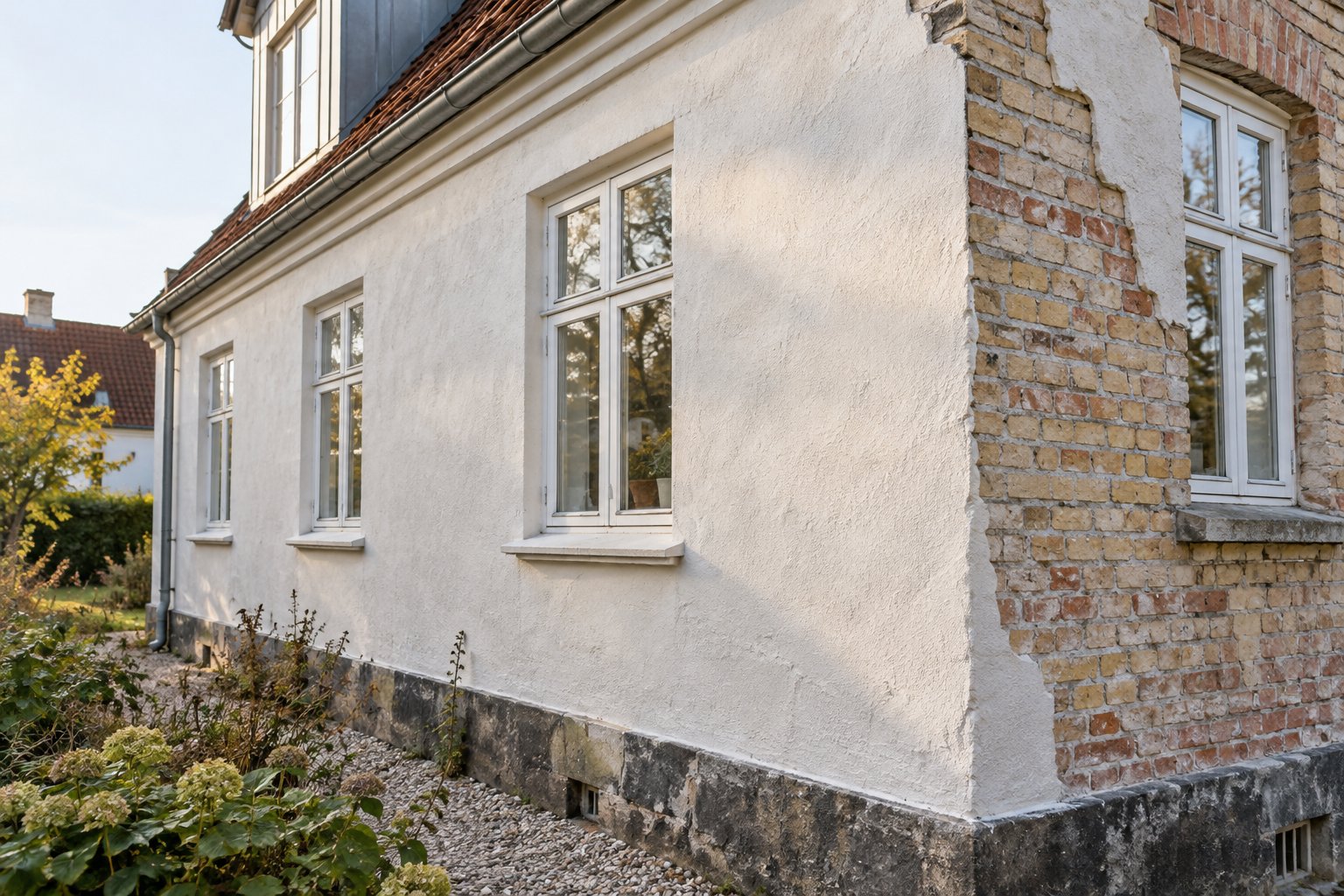 Pudsning af facade ved renovering af ældre hus