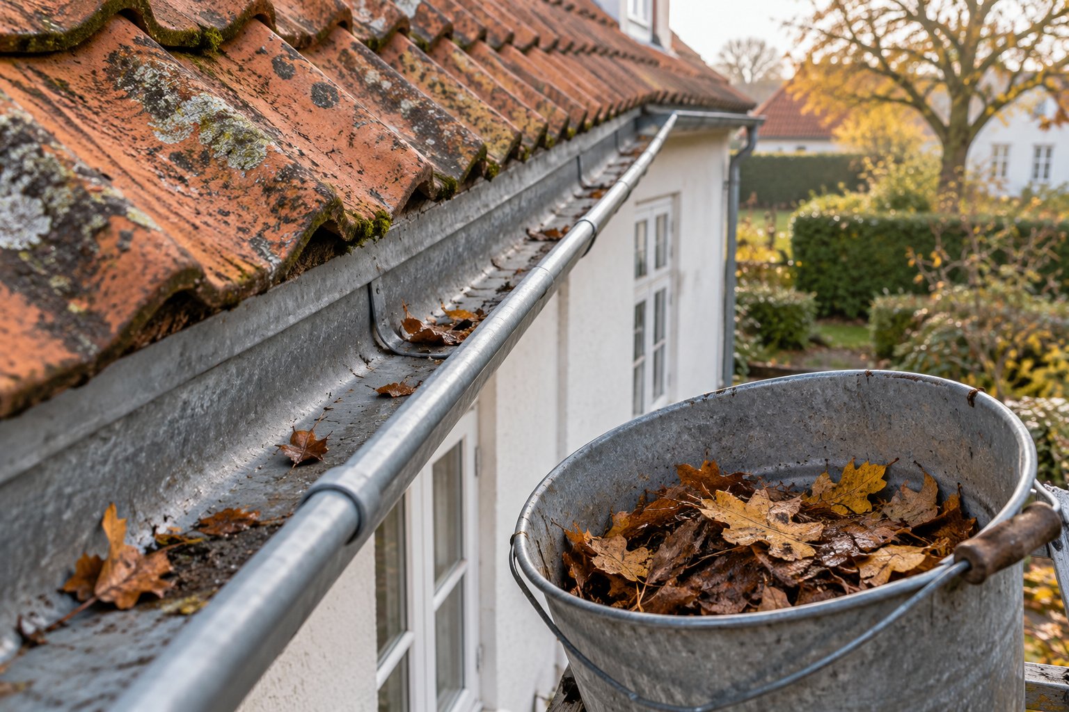 Rensning af tagrender ved renovering af ældre hus